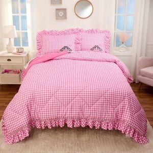 Wicked For Good Katie Kime Full Queen Comforter Pink Gingham Ruffles Heels Print